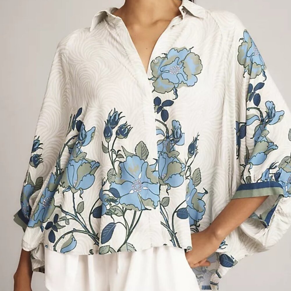 Anthropologie White Floral Button-Front Blouse with Blue Flowers